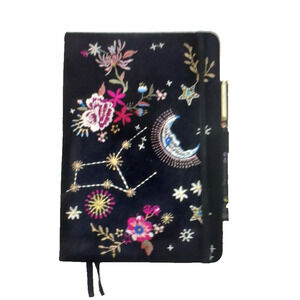 Johnny Was Celestin Journal + Pen Set Black Celestial + Floral Embroidered NEW